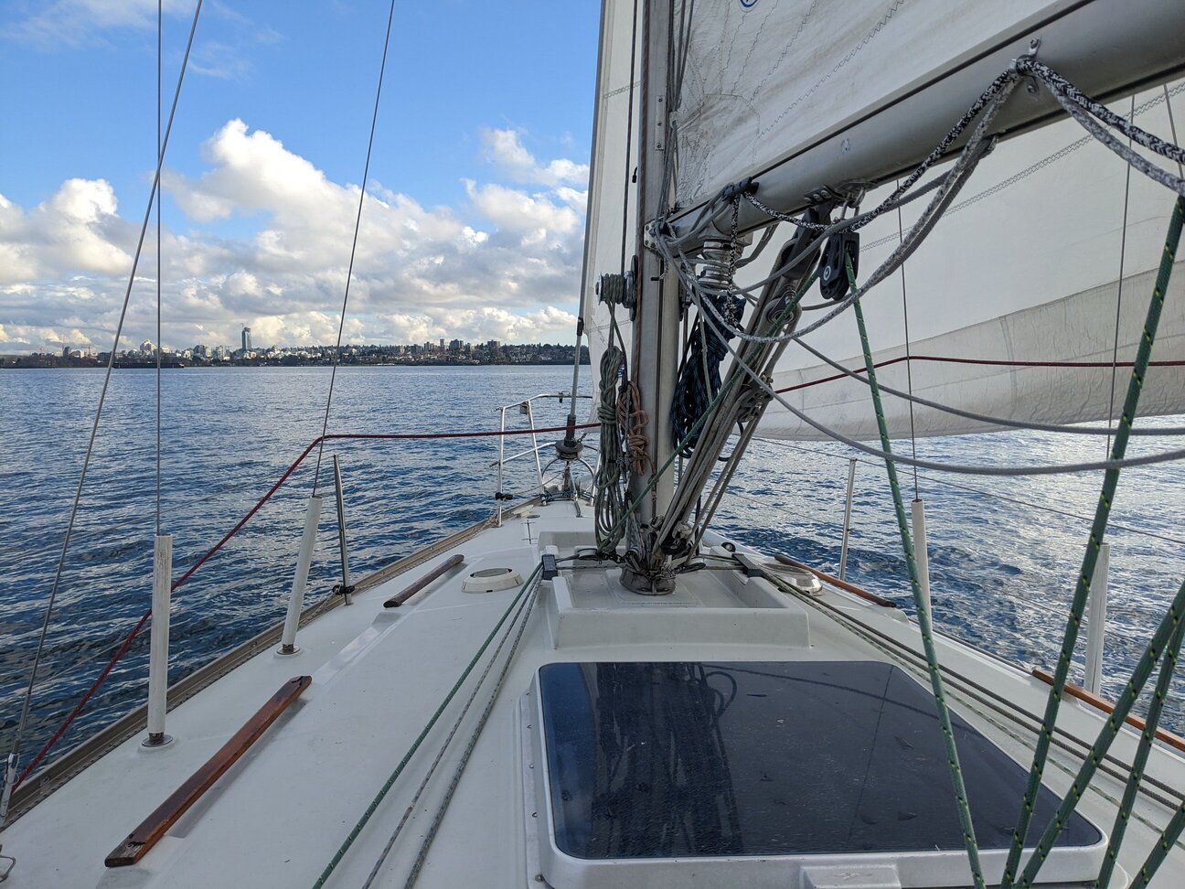 Looking ahead on a sailboat from the cockpit.